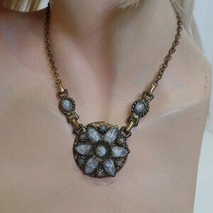 Vintage Medallion Necklace W Unusual Stones Very Intricate 13"